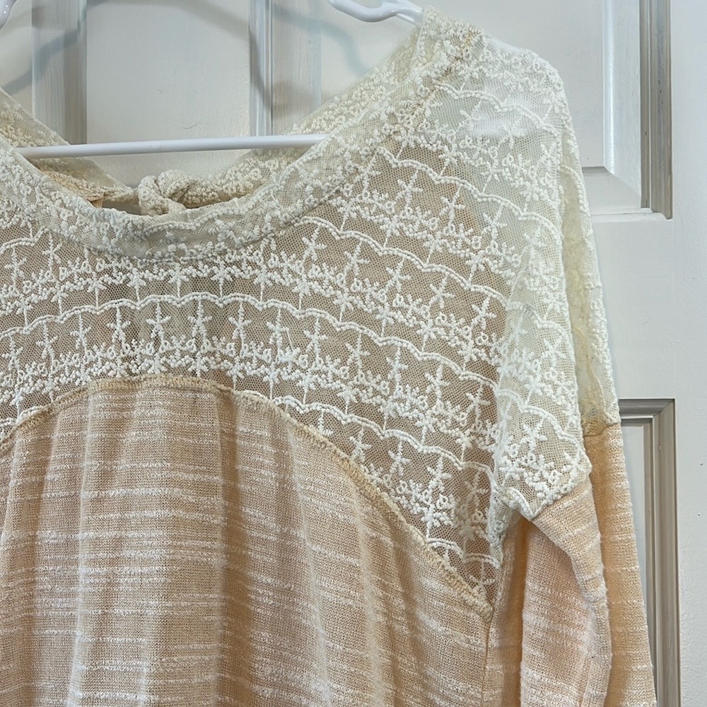 Anthropologie Hazel Peach Cream Lace Insert Bow Tie Back Blouse - Size XS - Picture 3 of 15